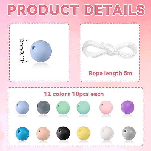 Lot de 120 perles rondes en silicone - 12 couleurs - 12 mm - Perles rondes en silicone pour bricolage, porte-clés, artisanat, fabrication de bijoux - Nail Gallerys
