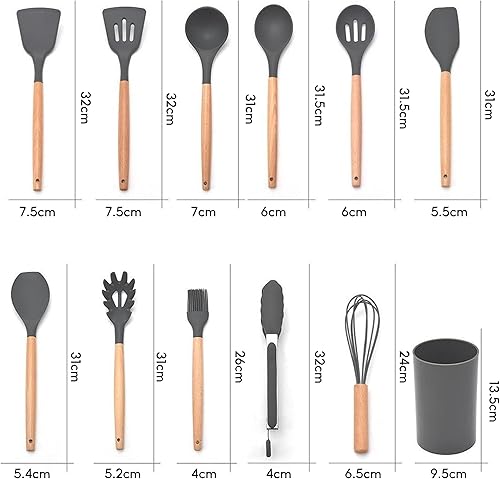Lot de 12 ustensiles de cuisine en silicone avec poignée en bois, résistants à la chaleur, antiadhésifs, pinces, spatules et cuillères, ensemble d'ustensiles de cuisine en silicone pour cuisine (blanc - Nail Gallerys