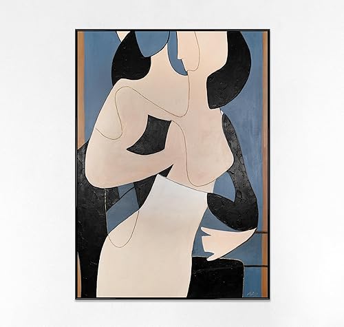 YS Tableau fait à la main encadré Symphonie rayée Dans un cadre figures abstraites de deux personnes, couleurs bleu et beige avec des lignes 180x120 cm - Nail Gallerys