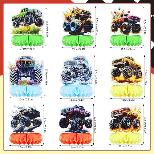 KIKVTER Lot de 9 décorations de fête en forme de tracteur en nid d'abeille - Accessoires de table pour fête prénatale - Accessoires de fête - Ferme - Camion - Décoration d'anniversaire - Nail Gallerys