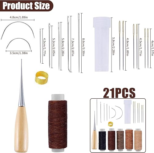 Kit Couture Cuir 21 Pièces, Kit de Couture en Cuir avec Fil Ciré Multicolore, Aiguilles Variées, Poinçon Précis, Dé à Coudre et Bouteille d'Aiguille, Idéal pour Réparation Ameublement en Cuir - Nail Gallerys