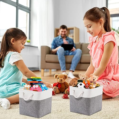 4Boîte de Rangement en Tissu, 28*28*28cm Panier de Rangement Tissu Est Pliable sans Couvercle, Boîte de Rangement Pliable en Tissu avec Poignée en Corde, Cube de rangement en Tissu pour Vêtement/Jouet - Nail Gallerys