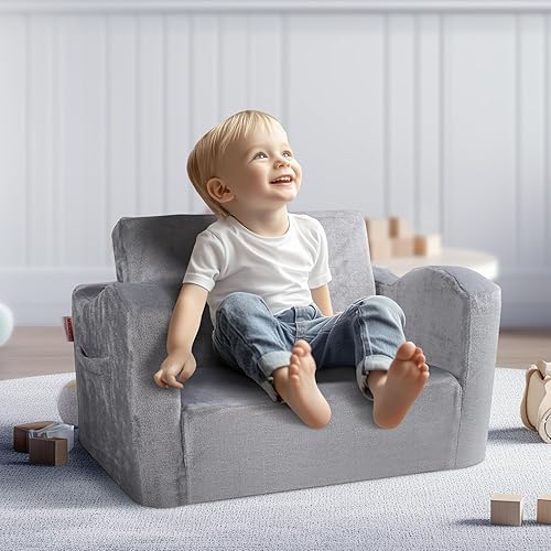 VEVOR Fauteuil pour enfants pliable, canapé pour enfant 2 en 1, en éponge 25D haute densité souple et confortable et housse en tissu de flanelle, meuble de salle de jeux, cadeau pour tout-petits, gris - Nail Gallerys