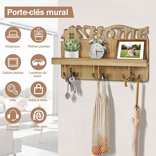 Porte-clés mural en bois avec 9 crochets à clés, étagère à clés avec étagère pour courrier, téléphone, petite décoration, idéal pour entrée, bureau et couloir Marron clair - Nail Gallerys