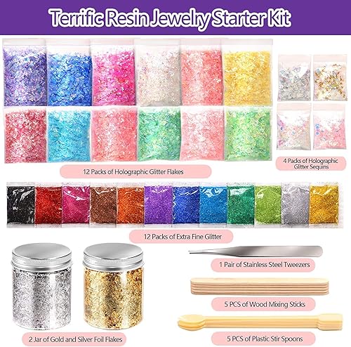 Leobro Lot de 41 accessoires de décoration en résine époxy avec poudre de paillettes, paillettes, flocons de feuille d'or, coquillages, bricolage, cuillère, pince, nail art, slime - Nail Gallerys