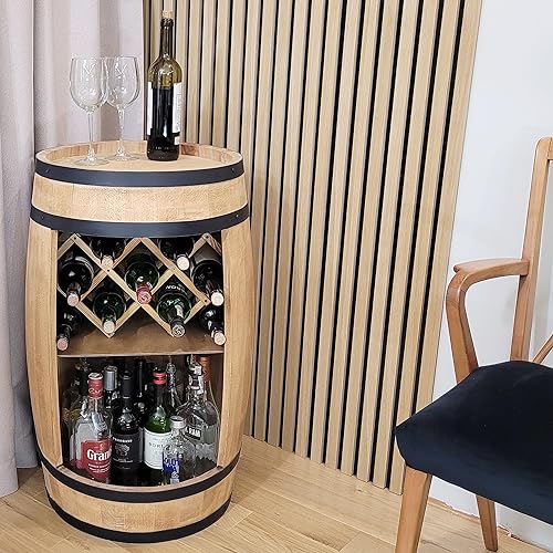 WEECO Tonneau Bar en Bois avec Casier à Vin – Meuble Bar Rustique – Armoire à Bouteilles – Bar en Fût de Vin – Décoration pour Salon – 80x50cm Chêne Clair - Nail Gallerys