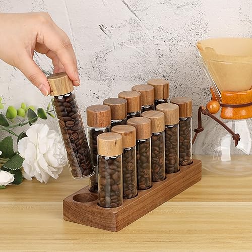 IGNPION Tubes de rangement pour grains de café à dose unique avec support en bois et 12 tubes - Fioles doseuses en verre avec couvercles pour café, thé, épices (60 ml + 50 ml) - Nail Gallerys