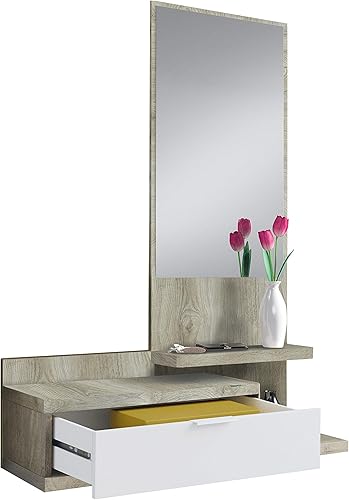 Habitdesign Hall d'entrée avec tiroir et Miroir, Meuble d'entrée, modèle Dahlia, Couleur Blanc Artik et chêne Nodi, Dimensions : 81 cm (Largeur) x 116 cm (Hauteur) x 29 cm (Profondeur) - Nail Gallerys