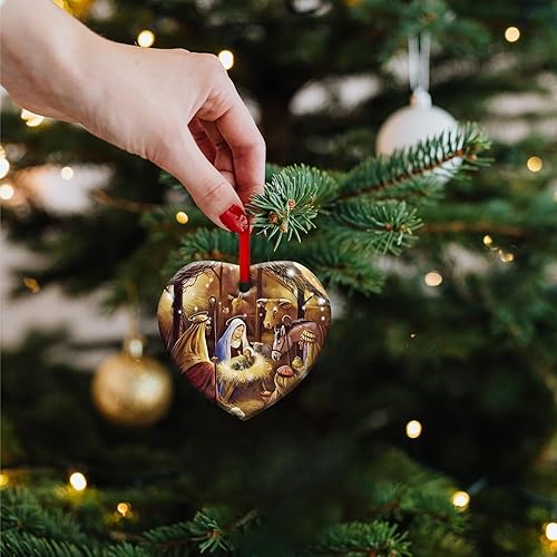 Ornements de crèche de Noël, Ornements de Jésus pour Arbre de Noël,Ornements de Noël catholiques en Acrylique 2D de la Sainte Famille en Forme de cœur | Ornements de Noël chrétiens à Collectionner - Nail Gallerys