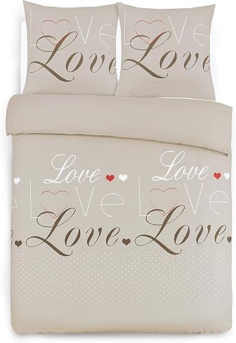 Vision - Parure Housse de Couette Flanelle Love Taupe - Housse de Couette 240x220cm avec 2 taies Assorties 65x65cm - 100% Coton - Nail Gallerys