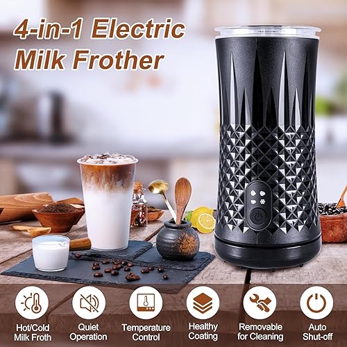 Pejevir Mousseur à Lait Électrique, Chauffe Lait Automatique 4 en 1, Mousseur Lait Chaud et Froid pour Chocolat Latte Macchiato Cappuccino, Contrôle Silencieux, Revêtement Antiadhésif, Noir - Nail Gallerys