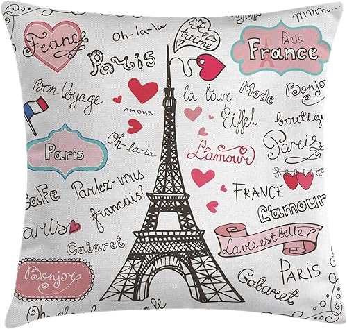 ABAKUHAUS Tour Eiffel Housse d'oreiller, Paris Lettre Coeur, Les Couleurs ne pourrissent Pas Le Tissu Lavable, 40cm x 40cm, Noir Blanc - Nail Gallerys