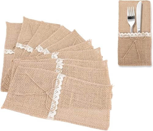 BEIJIALY Lot de 20 Porte-ustensiles en Toile de Jute, Couteau et Fourchettes en Lin, Sac à Couverts en Dentelle, Sac à Couverts en Dentelle pour Fête de Mariage Rétro, Anniversaires, Réceptions - Nail Gallerys
