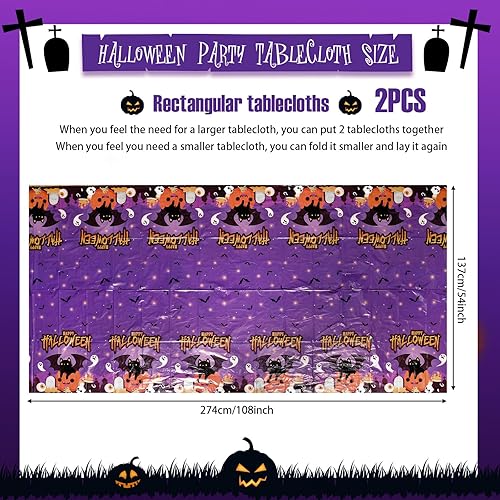 Tatuo 2 Pièces Nappes d'halloween 137 x 274 cm en Plastique Violet - Décoration Extérieure Rectangulaire Effrayante avec Chat Noir, Chauve-Souris, Citrouille pour Fête - Nail Gallerys