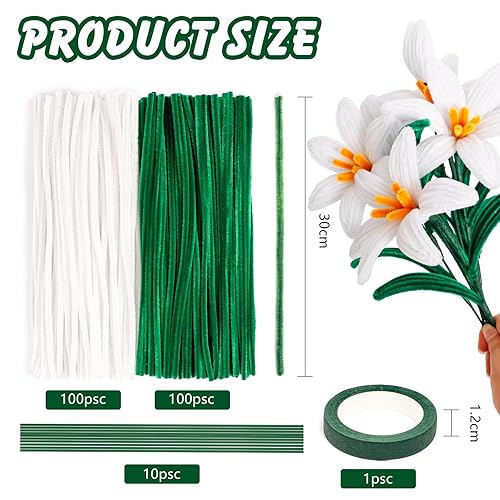 Lilieblumen - Lot de 200 cure-pipes - Fil chenille pour bricolage - 30 cm de long - Vert et blanc - Avec ruban et bâtonnets de fleurs - Pour bouquet de fleurs - Nail Gallerys