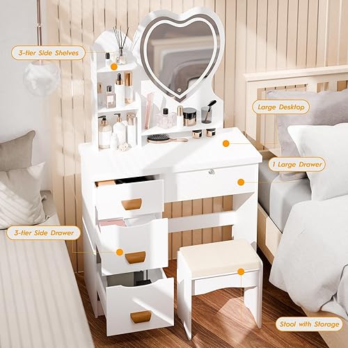 qorkhogr Bureau de coiffeuse avec miroir et lumières, miroir éclairé par LED en forme de cœur, table de coiffeuse avec 4 tiroirs et étagères ouvrantes, coiffeuse de chambre à coucher avec tabouret - Nail Gallerys