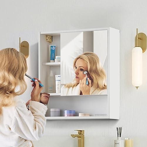 LEMROE Armoires de Salle de Bain avec Miroir, Armoire de Toilette avec étagère réglable, Armoire Pharmacie Salle de Bain avec Rangement (Blanc-0483) - Nail Gallerys