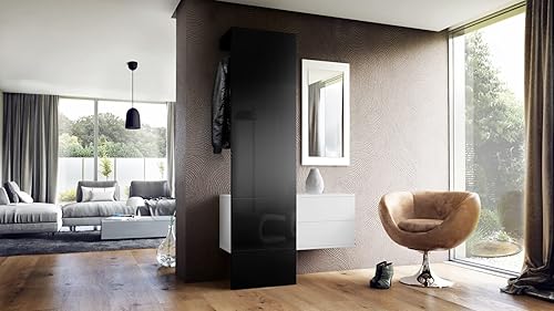 Vladon Penderie Carlton Set 2, Meuble d’entrée Comprenant 1 Panneau Porte-Manteau, 1 Coffre à tiroir et 1 Miroir Mural, Blanc Mat/Noir Haute Brillance (105 x 193 x 35 cm) - Nail Gallerys