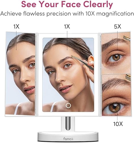 Fancii Miroir Maquillage Lumineux LED Rechargeable avec Grossissant 10x /5X et 3 Réglages D’éclairage - Miroirs de Table - 60 Lumières Naturelles, Écran Tactile, Support Cosmétique, Tria 2 - Nail Gallerys