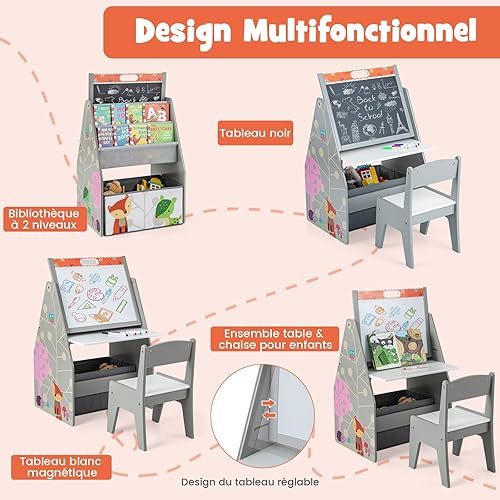 COSTWAY 3 en 1 Table Enfants avec Chaise et Tableau Double Face & Réglable, Table à Dessin avec Bac en Tissu & Motif d'animaux, Bibliothèque pour Jouets Livres, Charge 50/10kg(Gris) - Nail Gallerys