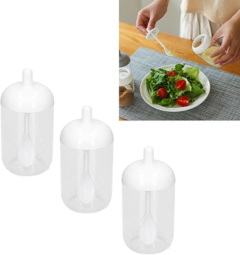 Cyrank 3 pièces sucrier en plastique avec ensemble de couvercles de cuillère, pot de sel avec cuillère et couvercle pots à épices clairs de cuisine pour comptoir à la maison - Nail Gallerys