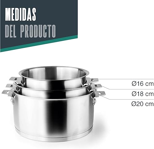 LACOR - 56610 - Set de 3 Casseroles Combi, Plus Poignée, Empilables, Convient pour Induction, Lave-Vaisselle et Four, Acier Inoxydable 18-10, 16 cm, 18 cm et 20 cm - Nail Gallerys