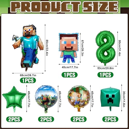 RNHDLY Lot de 11 décorations d'anniversaire pour garçon de 8 ans - Décoration d'anniversaire pour garçon - Ballon en aluminium réutilisable - Cadeau d'anniversaire d'enfant et fête de joueur de jeu - Nail Gallerys