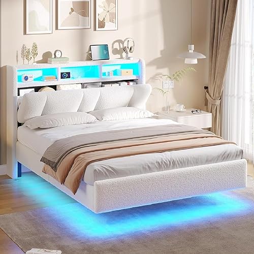 AOGLLATI Lit Double 160×200 avec Multiprise & Éclairage LED,Tête de lit Rembourrée avec Rangement,Cadre de Lit 160×200 avec sommier,Moderne Effet Flottant,Pas Besoin de Sommier,Tissu en Lin,Gris Foncé - Nail Gallerys