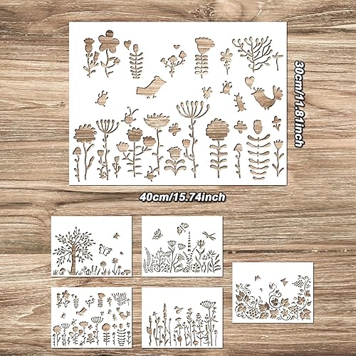 5pcs Grands Pochoirs Fleurs Sauvages, Réutilisables Pochoir Feuilles et Fleurs Modèles de Dessins Papillons et Plantes Vives pour Peinture sur Bois Artisanat Toile Murale Bricolage (Style A) - Nail Gallerys