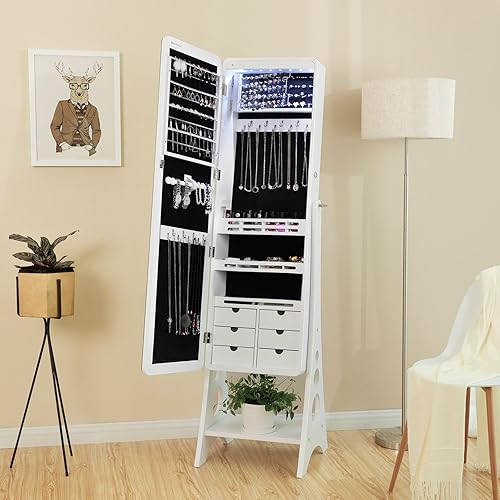 SONGMICS Armoire à Bijoux, sur Pieds, avec 8 Ampoules LED, Miroir psyché sans Cadre, avec Serrure, 6 Tiroirs, Plaque pour Boucles d’Oreilles, Blanc JBC89WT - Nail Gallerys