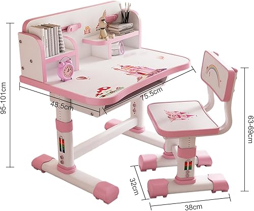 ohfruit Ensemble bureau et chaise pour enfants, bureau d'étude pour enfants à hauteur réglable avec motif de dessin animé, dessus de table élargi, tiroir de support, grand tableau d'écriture, design - Nail Gallerys