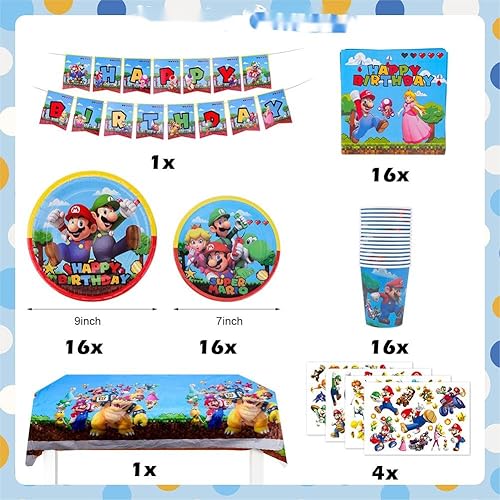 Super Mario de Fête pour L'anniversaire 118 Pièces, Réutilisables Assiettes, Gobelets, Nappes pour L'anniversaire des Enfants, pour Garçons et Filles - Nail Gallerys