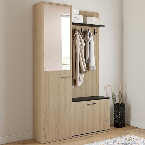 IDMarket - Vestiaire d'entrée rangement chaussures avec miroir et étagères MAHAUT 1 porte effet bois et noir - Nail Gallerys