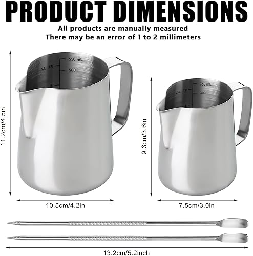 Lot de 2 pots à lait en acier inoxydable, 350 et 600 ml, pichets à mousse de lait avec marqueurs de mesure et stylo à latte art, mousseur à café pour cappuccino, expresso et barista - Nail Gallerys