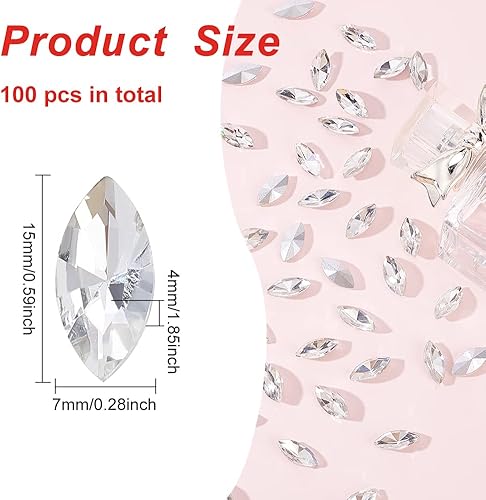 FINGERINSPIRE 100 Pcs Strass en Verre Oeil de Cheval Gemmes Pointu Dos Strass 15x7x4mm Bijoux Clairs Embellissements avec Argent Plaqué Dos Cristaux Strass pour Costume Making DIY Craft - Nail Gallerys