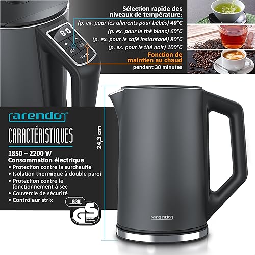 arendo Ensembles Bouilloire et Grille-Pain et cuiseur à Oeufs Bouilloire en INOX 1,5L 40°-100°C Toaster 2 Tranches Ecran LED 6 Niveaux de brunissage Cuiseur à Oeufs 1-7 Oeufs, Verre doseur Cool Grey - Nail Gallerys