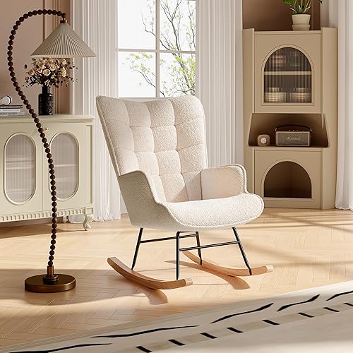 DIYHOM Fauteuil à bascule - Fauteuil d'allaitement rembourré - Pour salon, chambre à coucher - Charge maximale : 130 kg - Beige - Nail Gallerys
