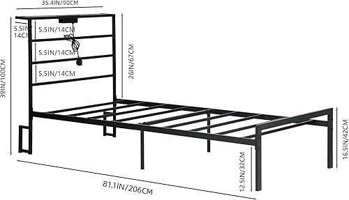 HOMYLIN Cadre de lit avec tête de lit LED, 2 Ports USB et 2 Prises (Norme européenne), lit Plateforme Taille Simple avec Rangement sous Le lit et étagère, Noir - Nail Gallerys
