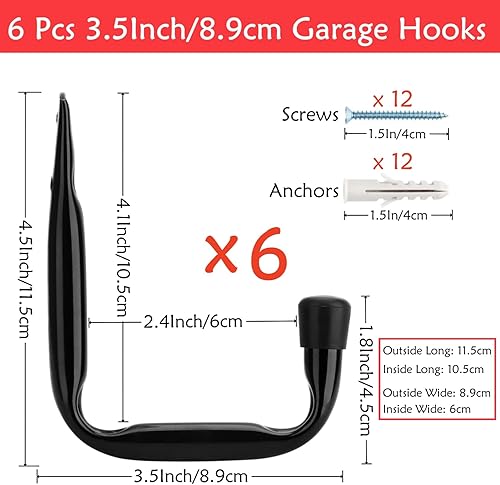 Lot de 6 crochets de garage pour suspendre des objets résistants, crochets de rangement pour chaise, supports de suspension de garage, crochets muraux pour échelle, vélo, tuyau, jardin - Nail Gallerys