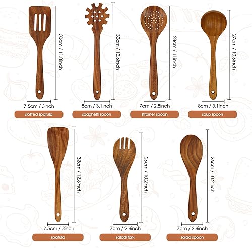 comfoyar Teck Ustensiles de Cuisine Bois, Set de 7 Cuillère en Bois pour la Cuisson avec Spatula et Ladle, Résistance à la chaleur Convient pour Poêles Antiadhésives - Nail Gallerys