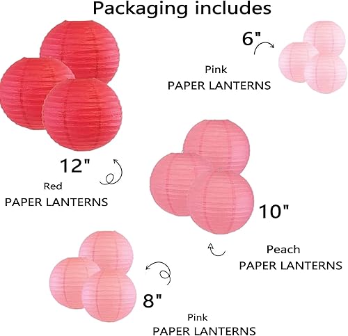 Surwin 12pcs Lanternes Papier Chinois, Lanternes en Papier à Suspendues, Boule Ronde Abat-Jour, Lanterne Decorative pour Intérieurs Extérieurs Fêtes Mariages et Événements (Rouge/Pêche/Rose) - Nail Gallerys