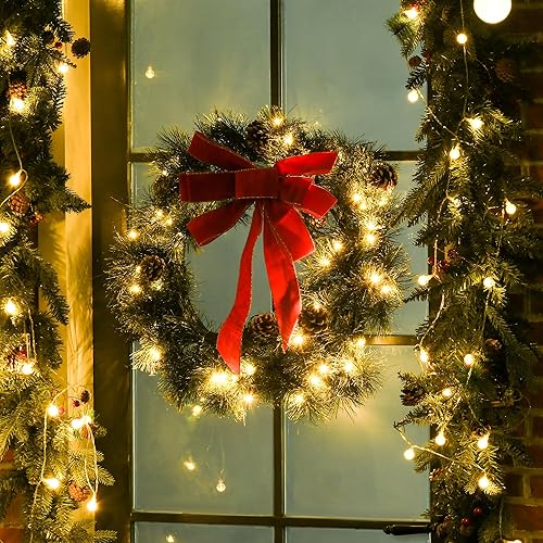 HOMCOM Couronne de Noël 60 cm, 50 LED pour Porte d'entrée, guilande de Noël, Sapin de Noël, 8 Pommes de pin et 1 nœud Papillon, décoration de fête, Vert - Nail Gallerys