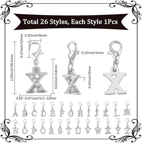 SUNNYCLUE 1 boîte de 26 marqueurs de Mailles Alphabet Breloques de Crochet Fermoir Mousqueton Alliage Lettres de A à Z Strass Nom Breloques de Tricot pour la Fabrication de Bijoux L'Artisanat le Tissa - Nail Gallerys