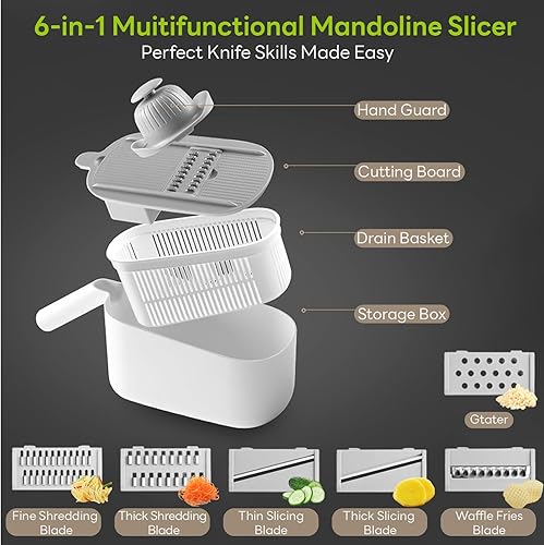 Biigdan 6 en 1 Mandoline Cuisine Multifonctions, Coupe Legumes Multifonctions avec Protège-Mains, Découpeur de Légumes Manuel avec 6 Lames et Passoire - Nail Gallerys