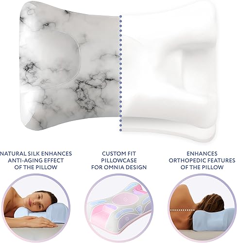 Sleep&Glow Housse de coussin Omnia en soie naturelle Omina anti-plis, pour soins des cheveux et de la peau, 19 mm, soie de mûrier de qualité 6A, marbre blanc - Nail Gallerys