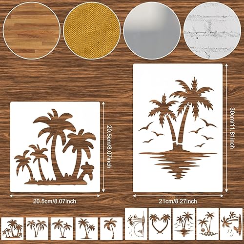 Tinoaly 10 Pièces Pochoir Palmier pour Peinture, 2 Tailles Réutilisables Pochoir Plage d'Été Modèles d'Arbre pour Peindre sur les Murs la Toile les Meubles l'Artisanat de Bricolage - Nail Gallerys