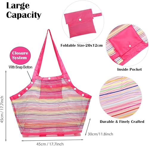 COOLGO Sac à jouets de plage rose avec filets renforcés | Sac en filet pliable XXL pour enfants et famille | Sac de plage robuste pour la plage, la piscine, les vacances (réutilisable et léger) - Nail Gallerys