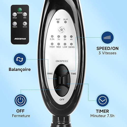 Aigostar Ventilateur sur Pied Silencieux 60W - 9 Pales, Télécommande, 3 Vitesses & 3 Modes, Oscillation 80°, Hauteur Réglable (105-120 cm), Minuterie 7.5H, Base Antidérapante -Carr - Nail Gallerys