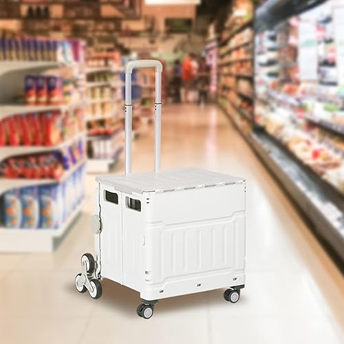 HOMCOM Chariot de Courses Pliable Caddie de Courses Portable avec poignée télescopique réglable et Couvercle, Chariot Montant escalier, Chariot de magasinage à roulettes Charge Max. 80 kg, Blanc - Nail Gallerys