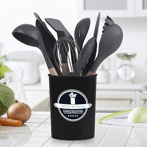 HOMESOFT Lot Ustensiles de Cuisine, 12 pièces, Silicone et Bois (Gris) - Nail Gallerys